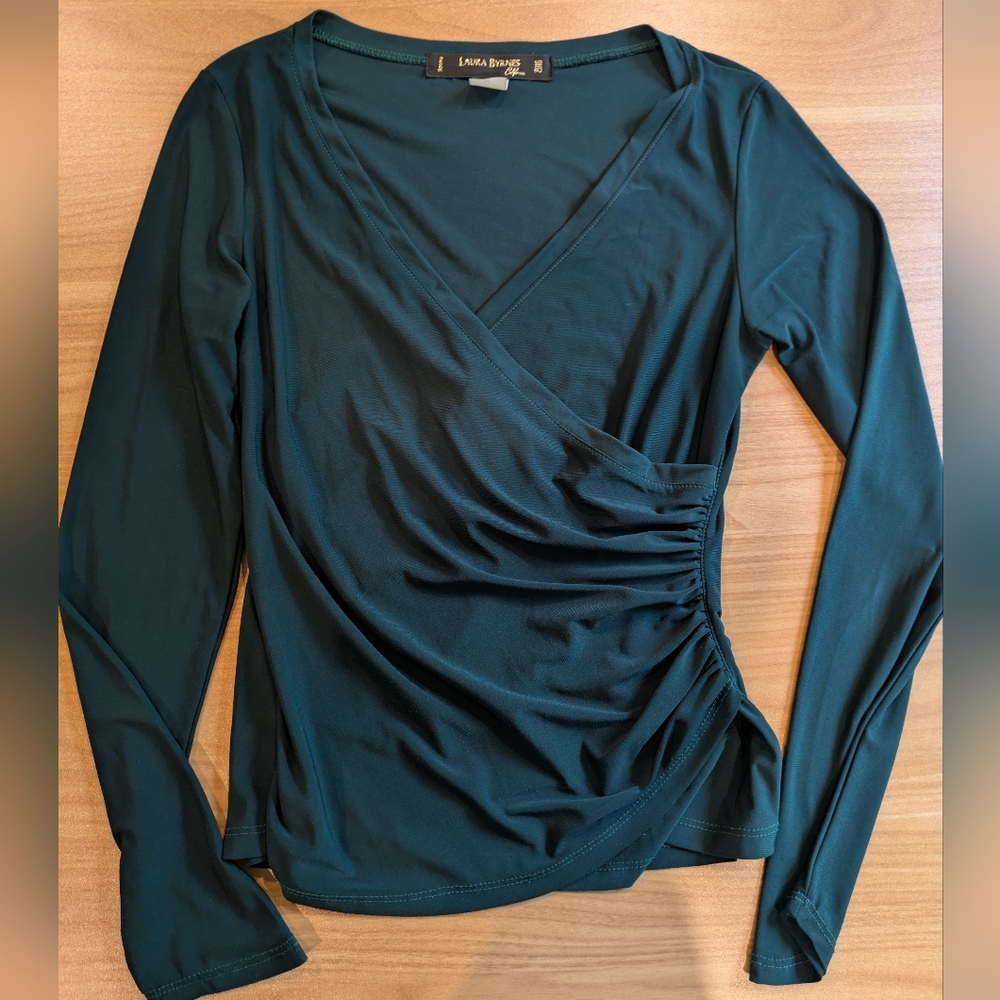 Laura Brynes Hunter Green Gia Top Long Sleeve Faux Wrap Top Pinup Girl Clothin…